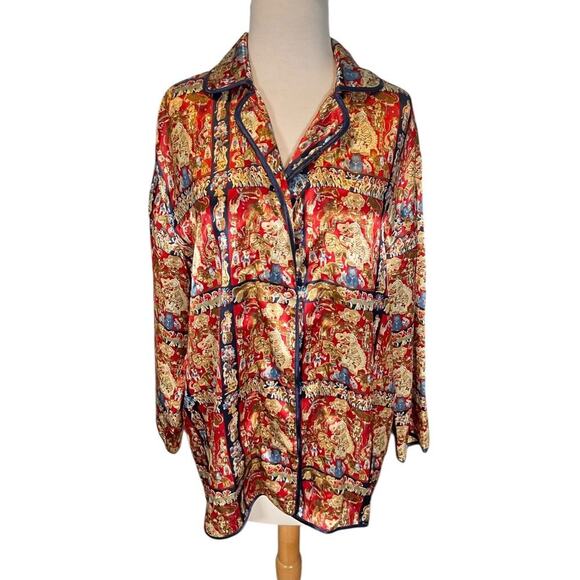 Vintage Victorias Secret Satin Circus Print Pajama Top Red Gold Blue Size Small - Picture 3 of 9